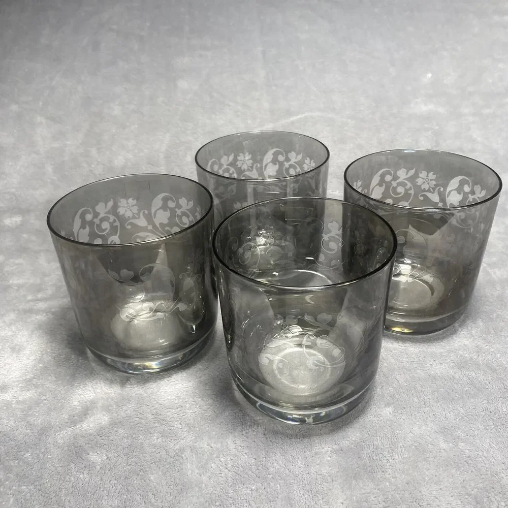 Crate & Barrel Krosno Drinking Glass Set 4‎ Poland Tinted Etched Smokey Low Ball